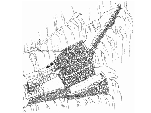 Conjectural reconstruction of the stone-built terraces and devotional spaces carved into exposed rock, reflecting advanced construction under highly constrained conditions.